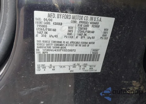 2000 Ford Excursion Limited from USA, damaged, VIN 1FMNU43S7YED28072